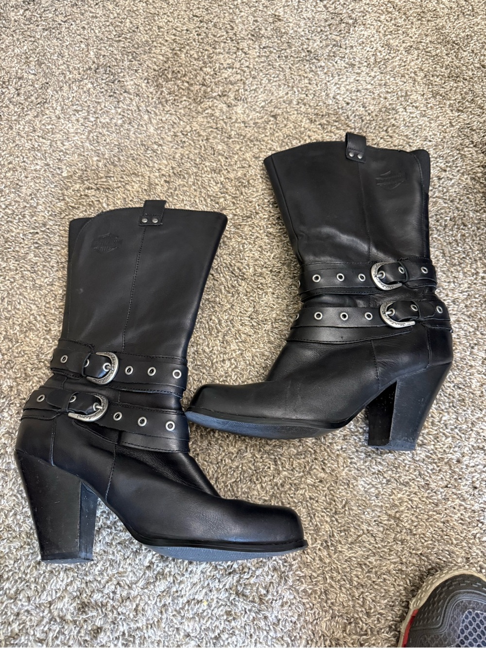 Harley-Davidson Black Mid-Calf Leather Heeled Boots with Buckle Straps